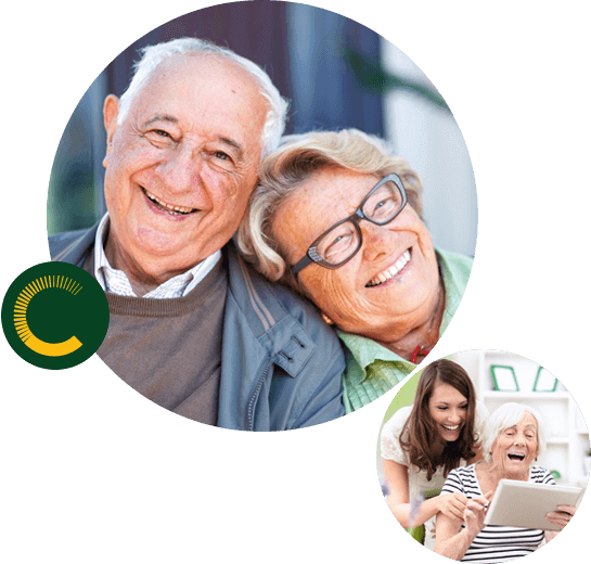 Aged-Care-Blitz An elderly couple smiling with the woman's head on the man's shoulder and a woman assisting an older woman with the tablet, both are smiling