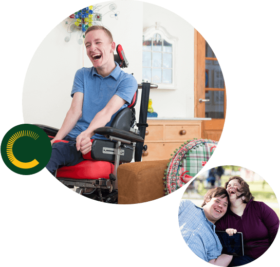 Claro-New-South-Wales2 A man and woman with disabilities sitting close and laughing and a man with a disability in a wheelchair laughing