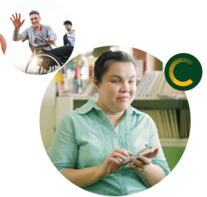 Claro-Queensland2 A man in a wheelchair playing basketball and a woman who appears to have vision impairment using a phone