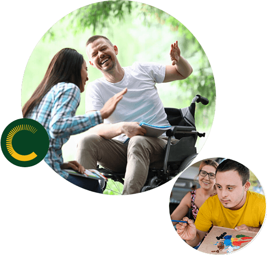 Disability-Accommodation-2 A man using a wheelchair shares a joyful moment with a woman, while another woman helps a man with Down syndrome paint.