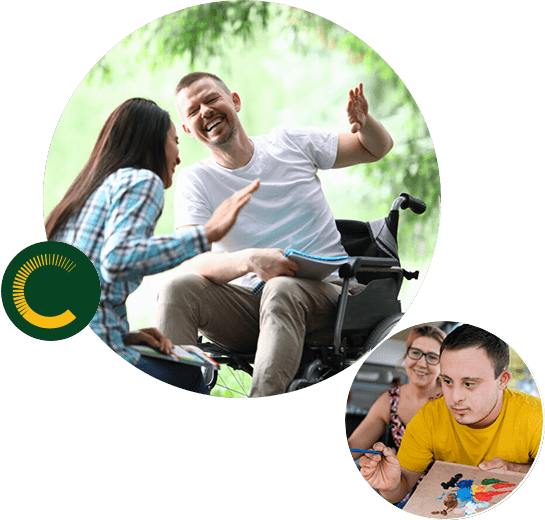 A man using a wheelchair shares a joyful moment with a woman, while another woman helps a man with Down syndrome paint.