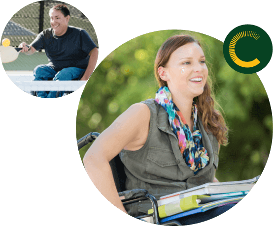 A man in a wheelchair playing pickleball and a woman in a wheelchair with documents on her lap, both are smiling