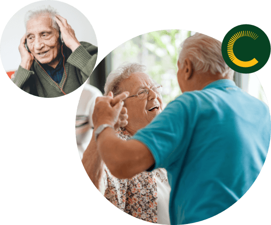 Older gentleman smiling whilst wearing headphones and an older couple smiling and dancing together