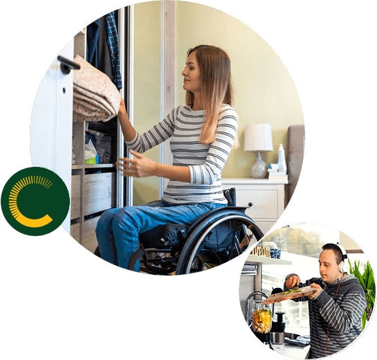 A woman in a wheelchair arranging her bedsheet and a man with a down syndrome, wearing headphones and blending food