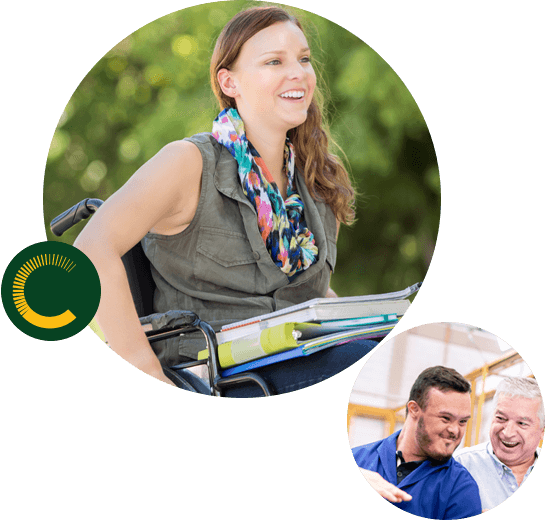Supported-Disability-Accommodation A woman in a wheelchair with papers on her lap smiling and a father looking at his son smiling