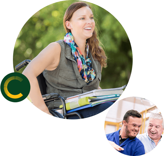 A woman in a wheelchair with papers on her lap smiling and a father looking at his son smiling