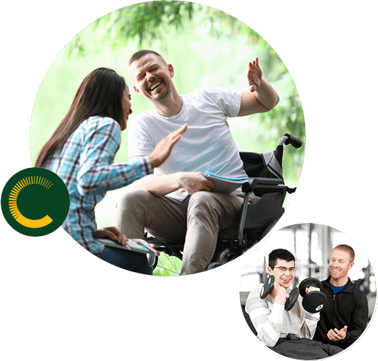 A man in a wheelchair laughing with a woman outdoors and a therapist assisting a young man who is lifting weights