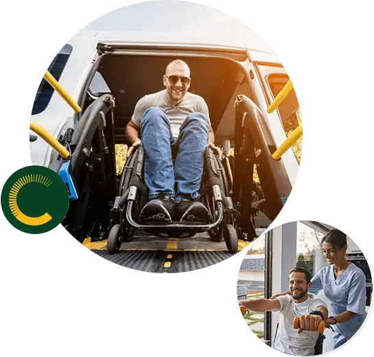 A man in a wheelchair descending a customised vehicle while smiling and a therapist asssiting a man with his arms, both are smiling