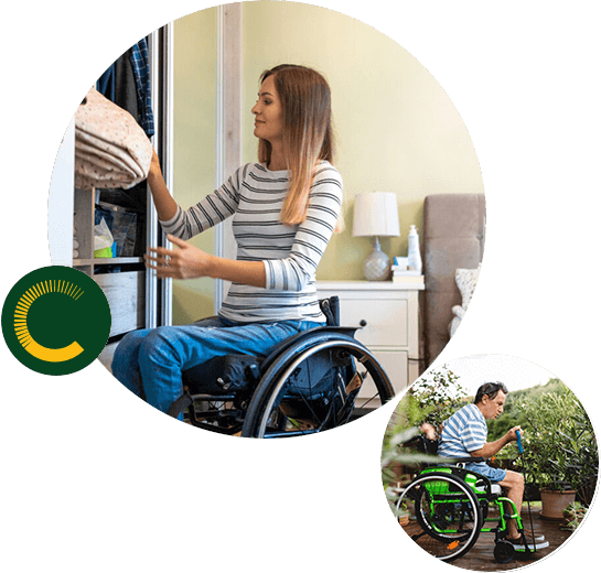 accoum-group-1 A woman in a wheelchair arranging her bedsheet and a man in a wheelchair looking at his plants