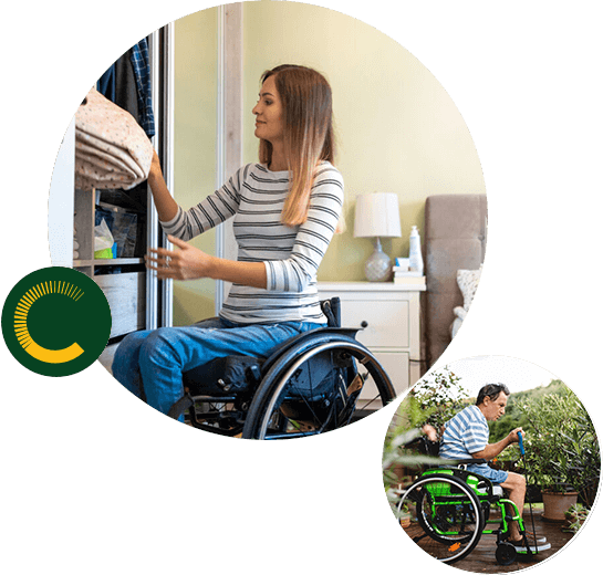 A woman in a wheelchair arranging her bedsheet and a man in a wheelchair looking at his plants