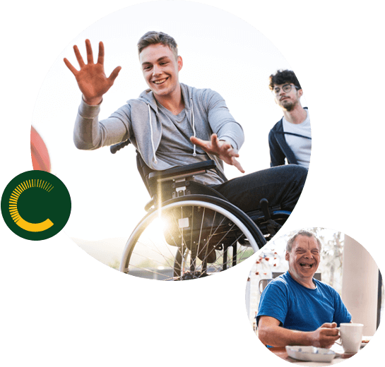 claro-south-australia1 A man in a wheelchair playing basketball on the upper left and a man with a disability laughing and holding a cup of coffee