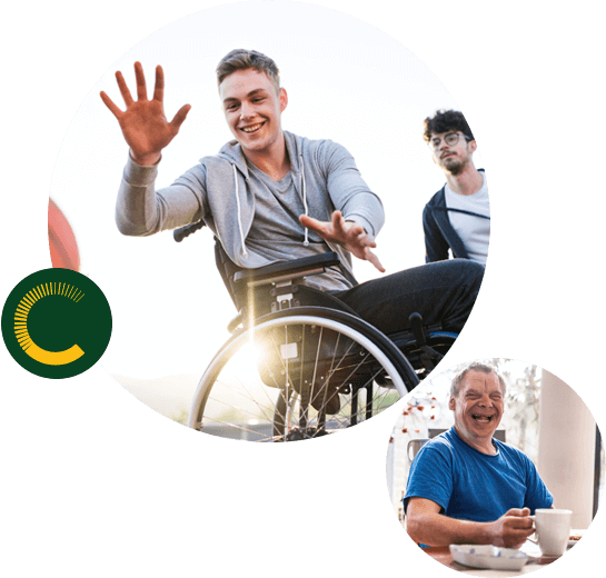 A man in a wheelchair playing basketball on the upper left and a man with a disability laughing and holding a cup of coffee