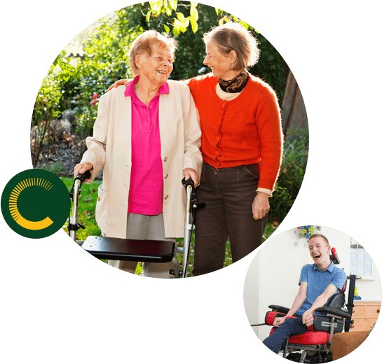 claro-south-australia2 Two older women laughing, one woman with her arm around the other and the other woman holding a walker and a man with a disability sitting on a motorised wheelchair