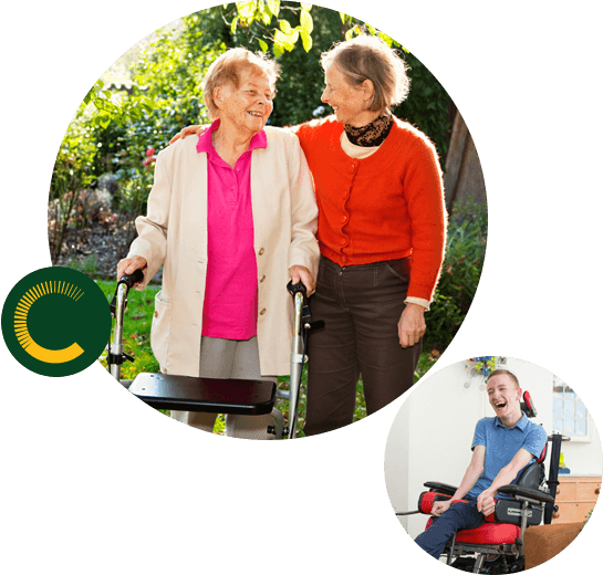 Two older women laughing, one woman with her arm around the other and the other woman holding a walker and a man with a disability sitting on a motorised wheelchair