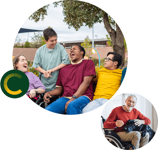 claro-western-australia1 Four individuals with disabilities sitting and laughing together and an older man in a wheelchair smiling at the camera