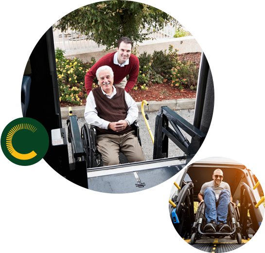 A man assisting an older man in a wheelchair going up a car and a man in a wheelchair descending a costumised vehicle
